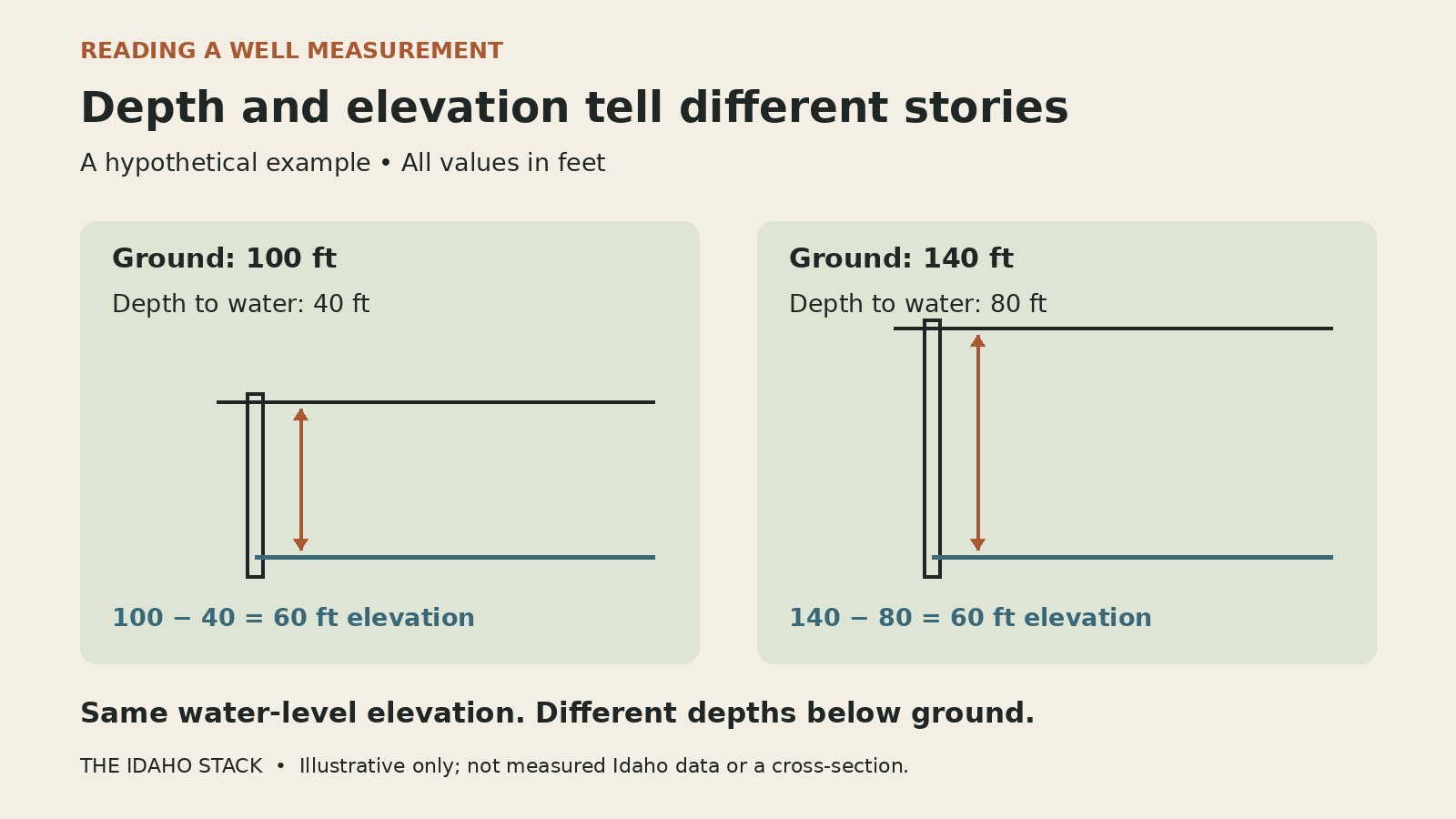 Hypothetical example: ground elevation 100 feet minus depth to water 40 feet equals water-level elevation 60 feet; ground elevation 140 feet minus depth 80 feet also equals 60 feet.